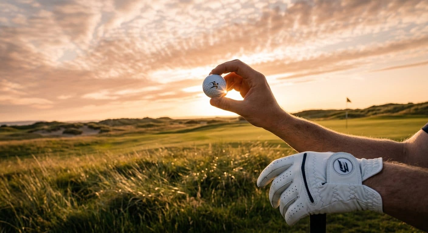 Hand hält einen Golfball gegen den Sonnenuntergang