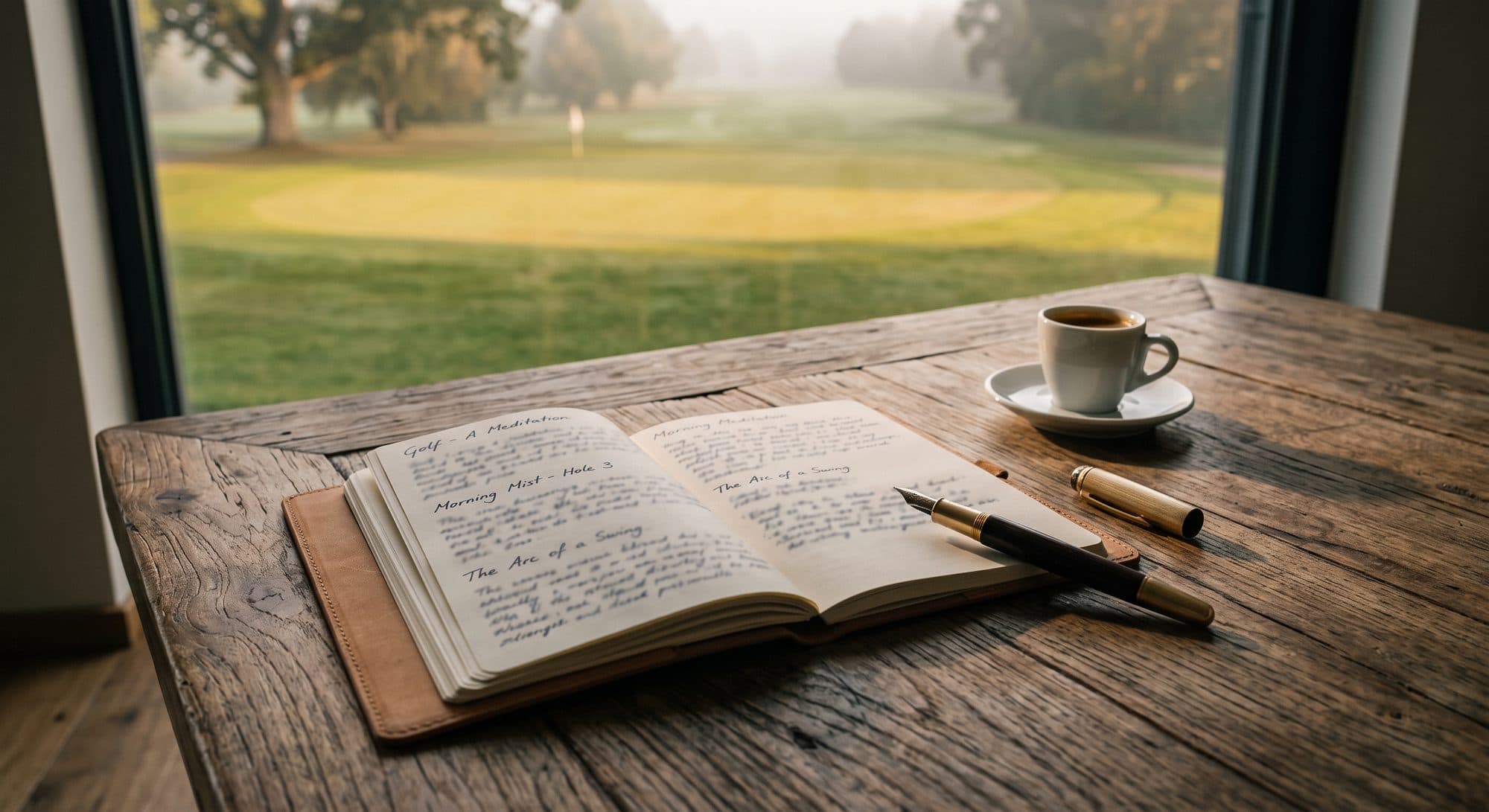Golftagebuch und Kaffee mit Blick auf den Platz