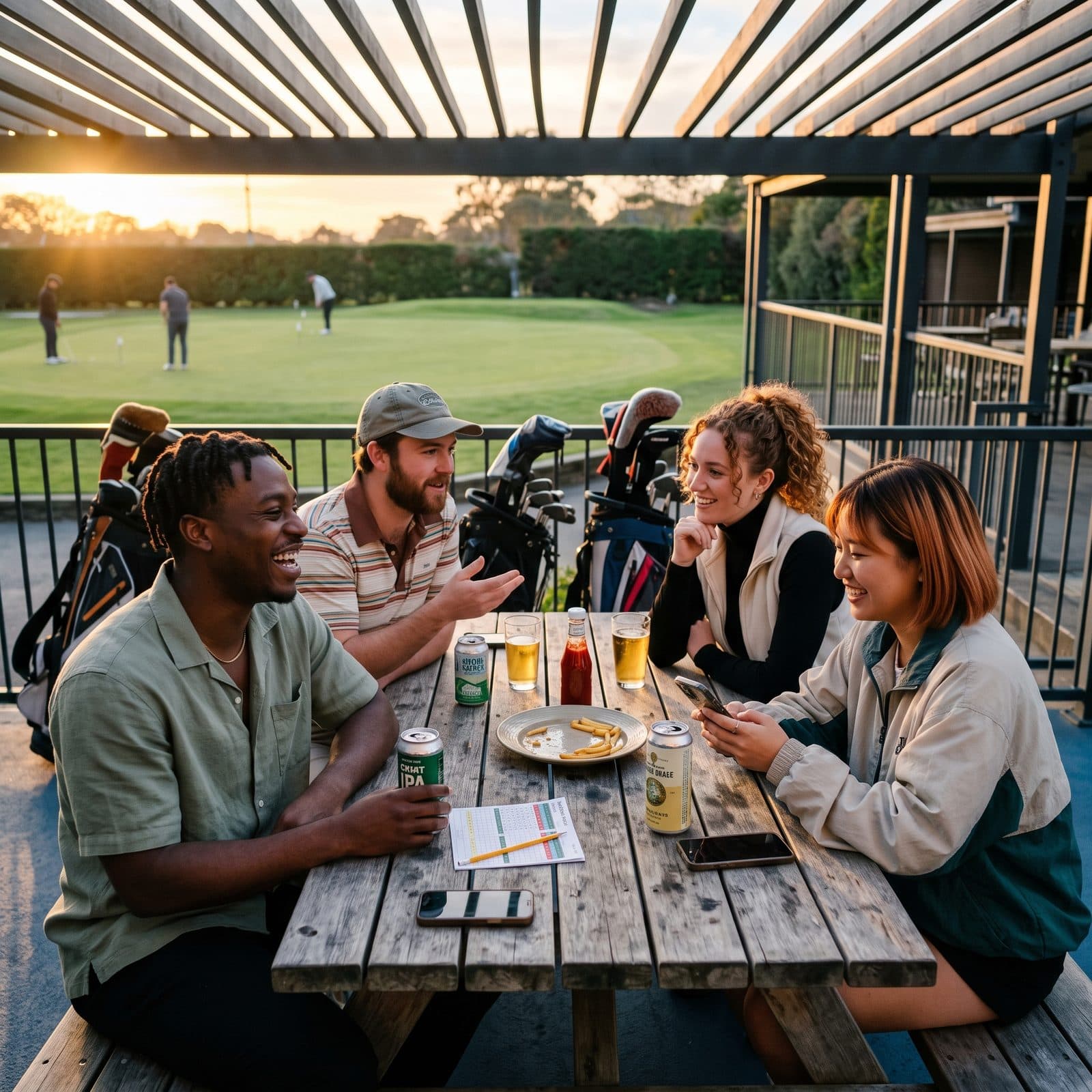 Vier Freunde nach der Runde am Tisch auf der Clubterrasse