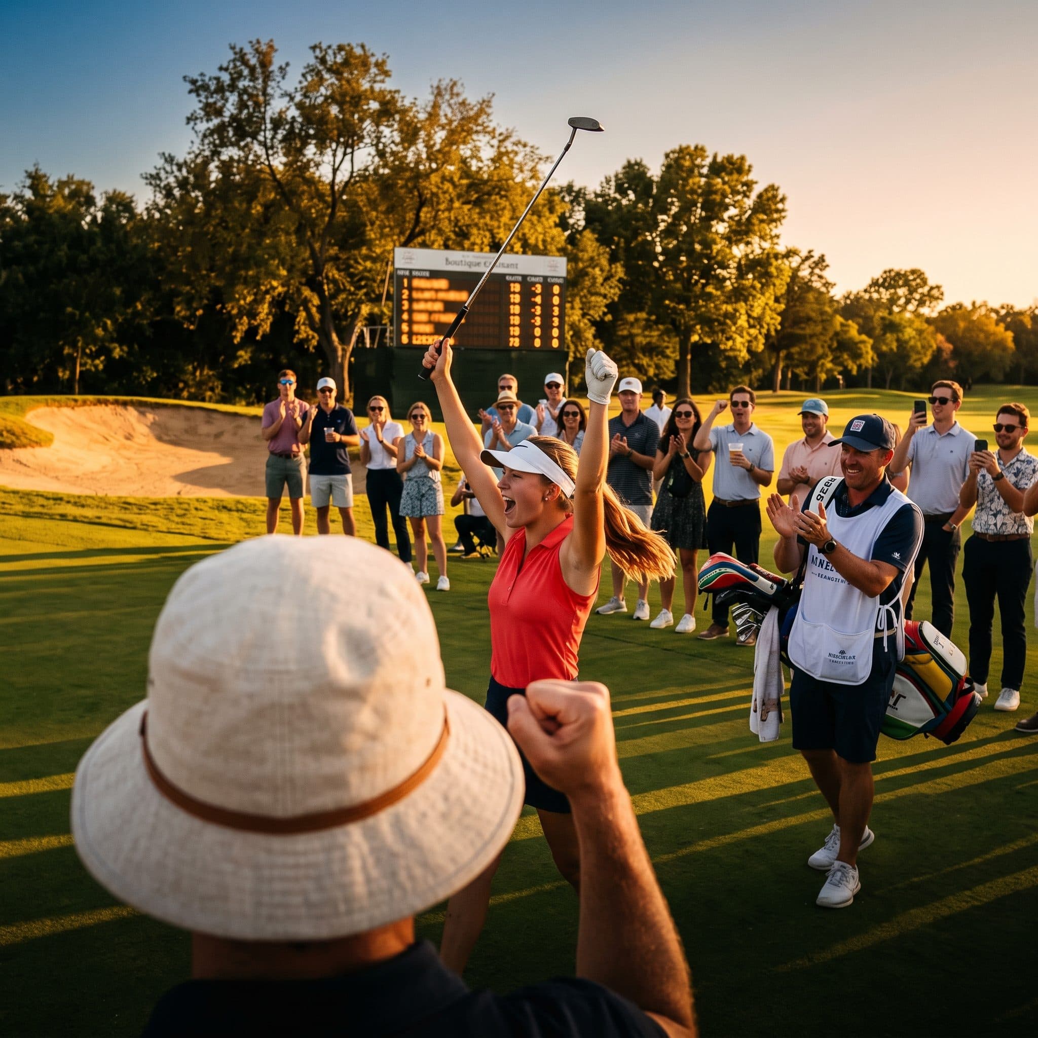 Golfer feiern gemeinsam auf dem Platz bei Sonnenuntergang