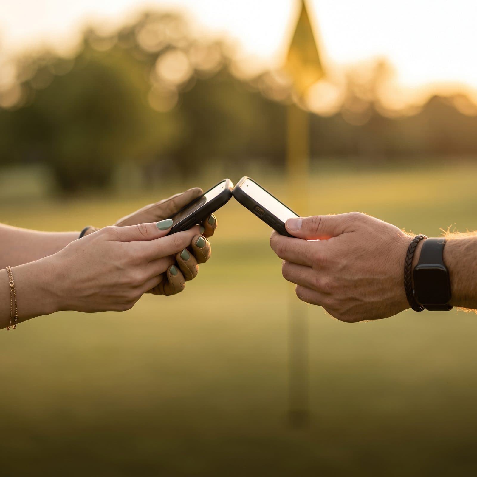Zwei Golfer tauschen Kontakte per Smartphone auf dem Grün