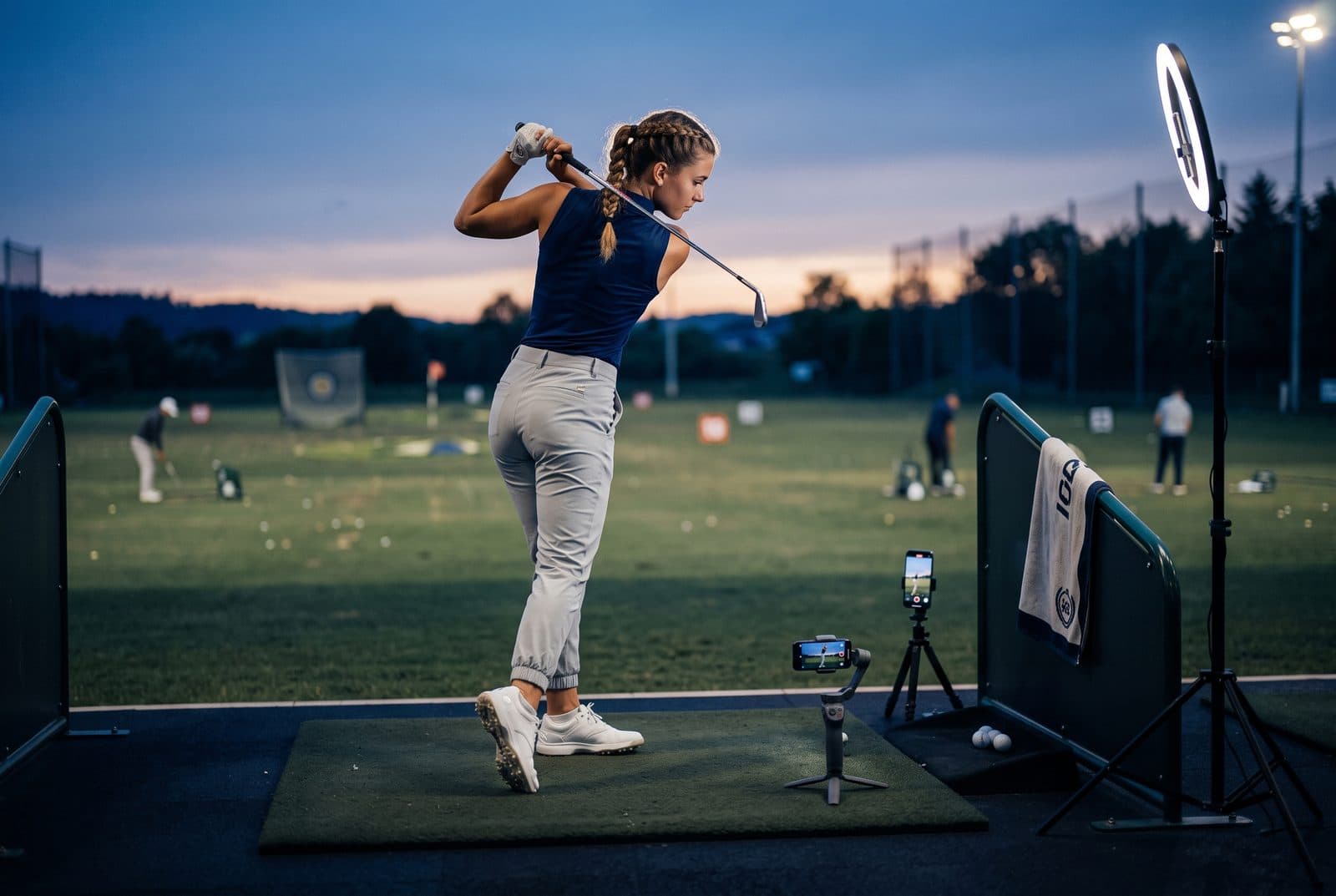 Golfer beim Abschlag auf der Range am Abend